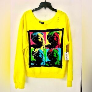 💛Yellow Tupac Andy Warhol inspired Hand Painted Vintage Off Shoulder Sweatshirt